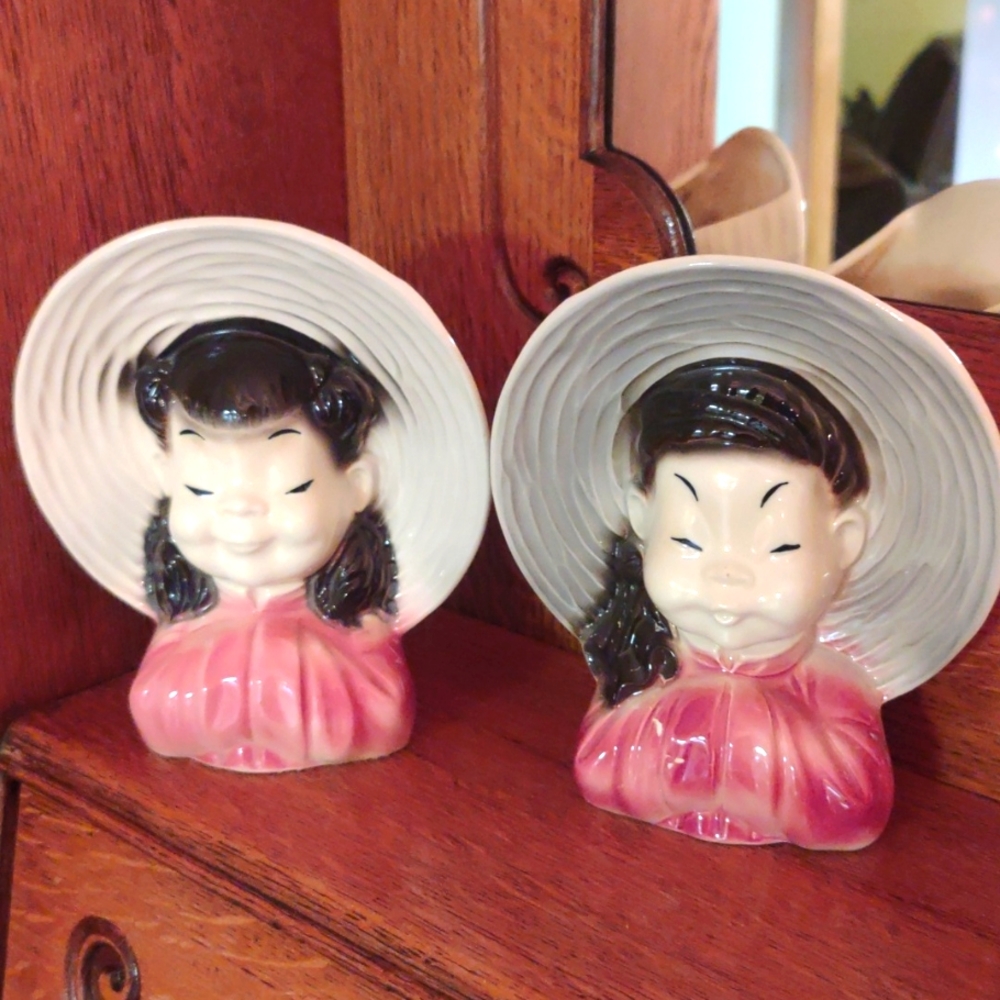Pair of Vintage Royal Copley Head Vases/Planters Wall Pockets